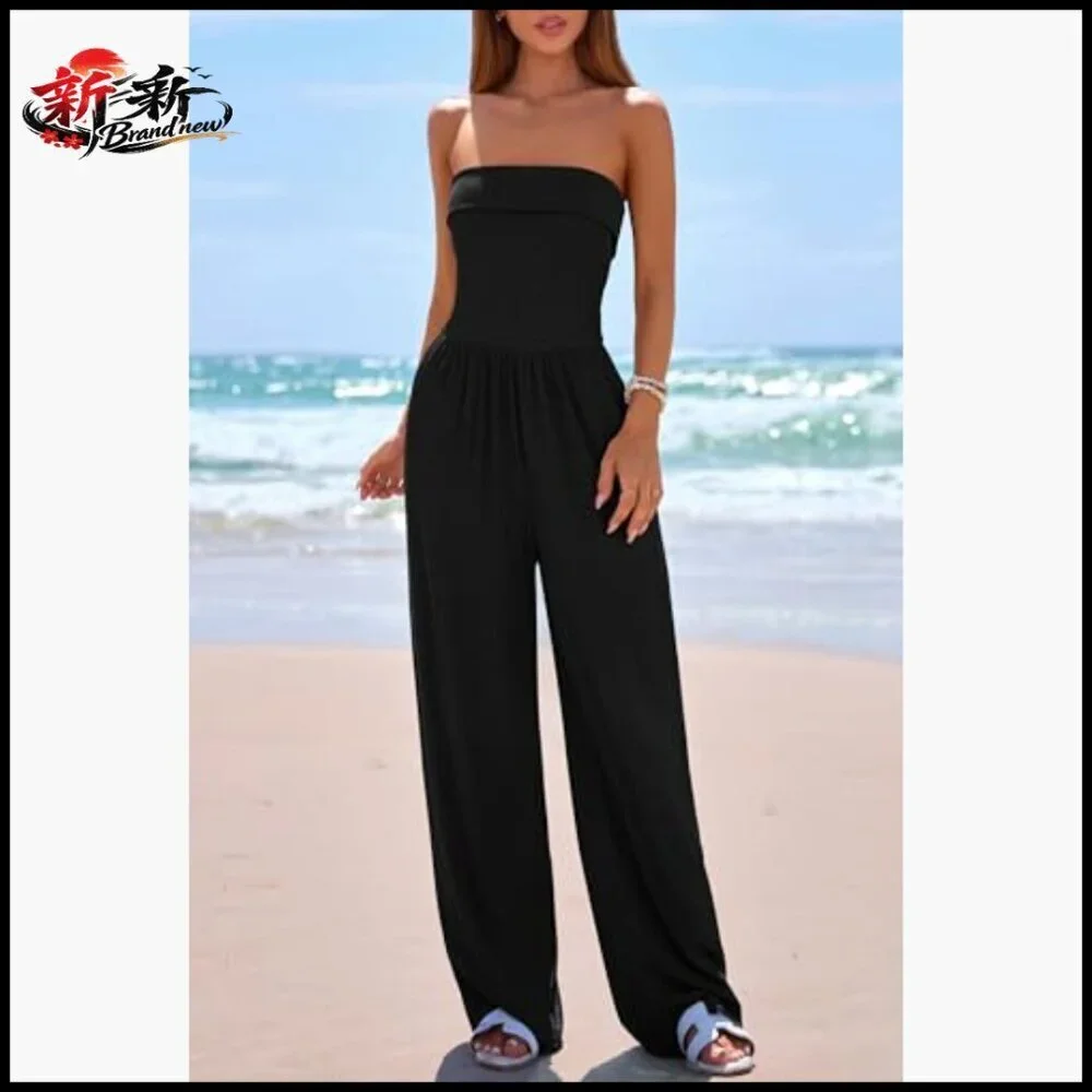 Strapless Wide Leg Jumpsuit, Polyester Elastane Knit, Formal Casual Romper